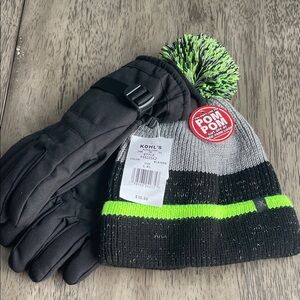 Boy’s Zeroxposur Beanie and Winter Gloves Set - Black/Grey/Neon Green